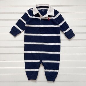 RALPH LAUREN EUC Boys Navy Striped Rugby Style Romper